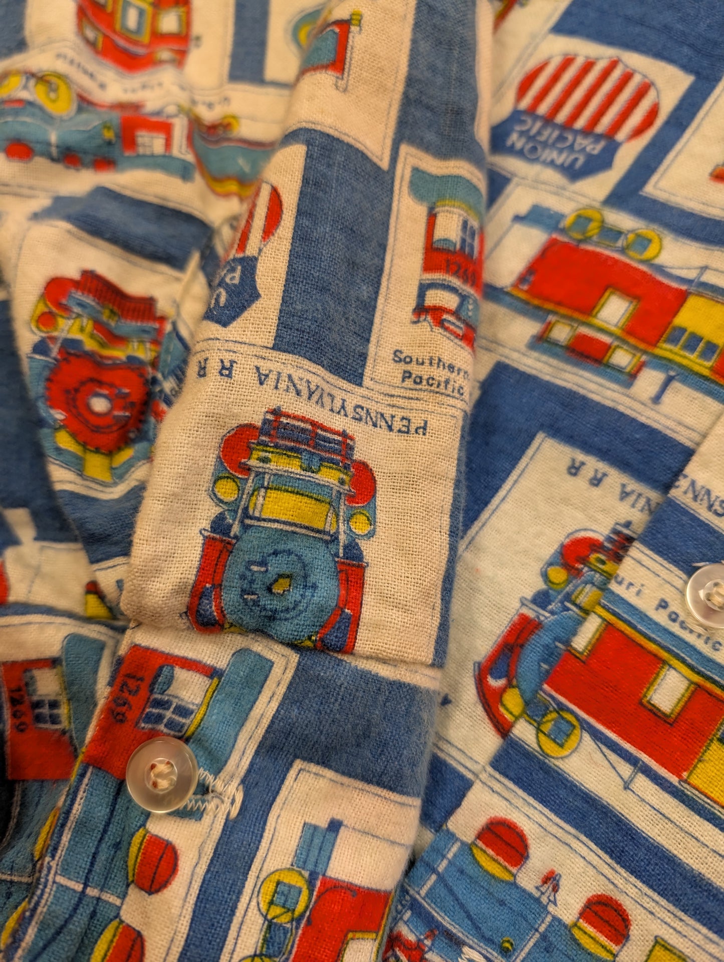 1960s Prest-Rite novelty train print cotton flannel shirt