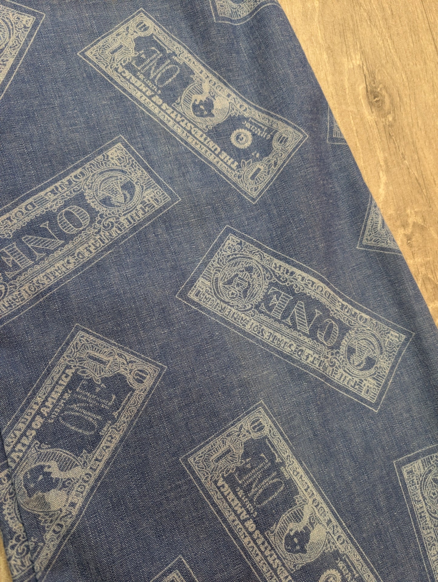 Epic 1970s Dereta novelty dollar bill print flares - 26"W 32"L