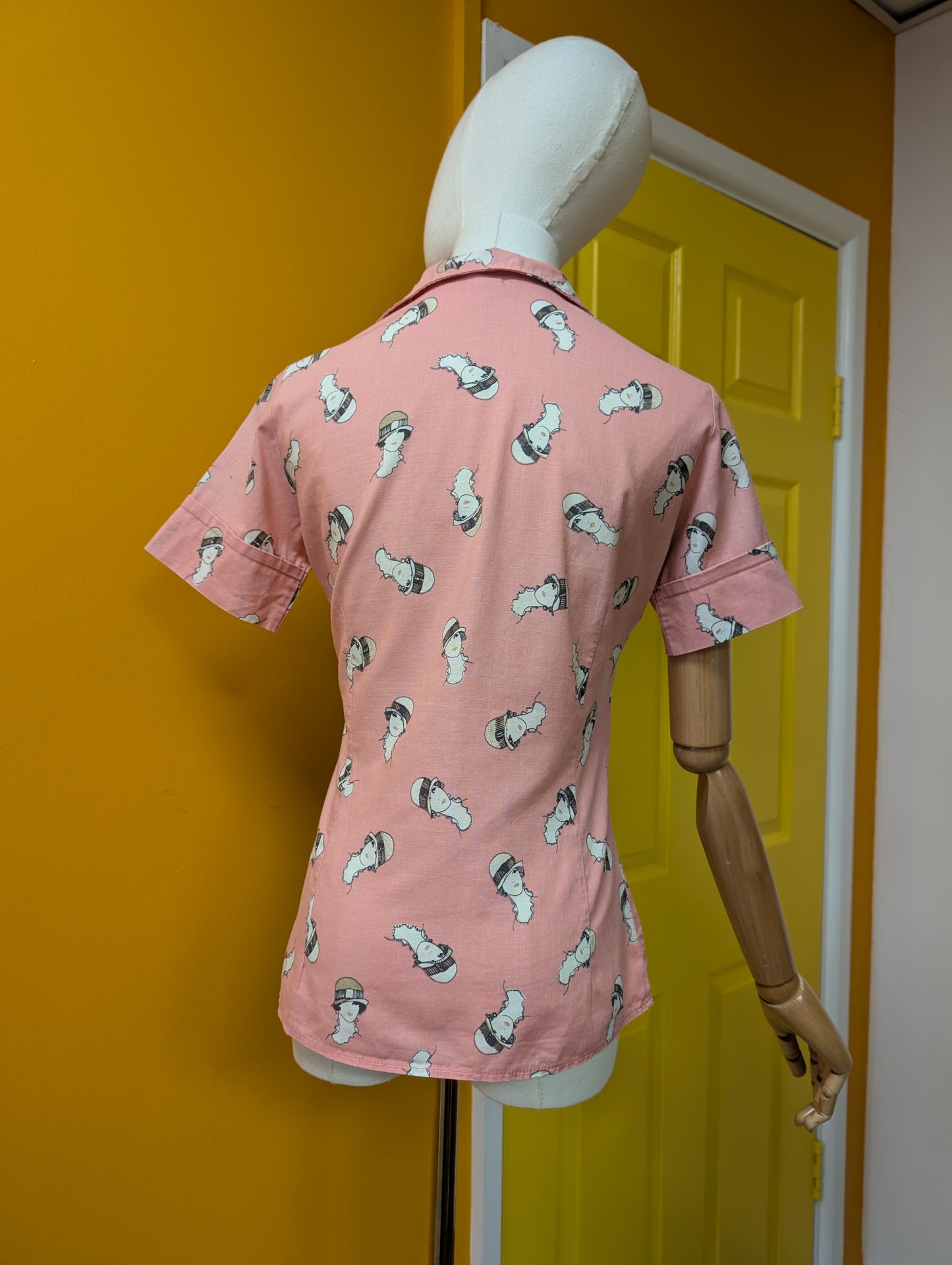 1970s Vinetta pink novelty print cotton shirt - XS