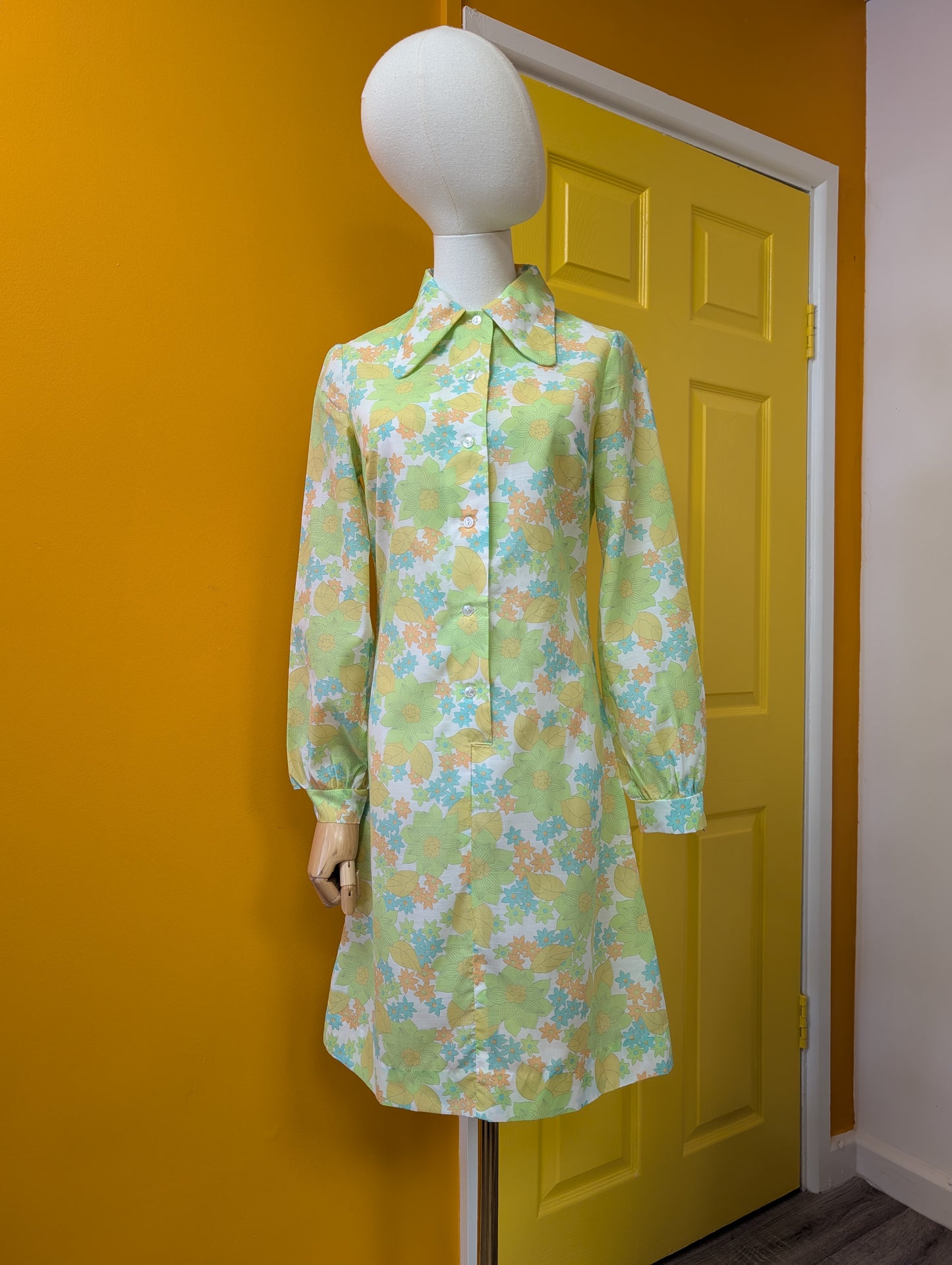 60s/70s Devonshire Lady green floral dress - S/8/10