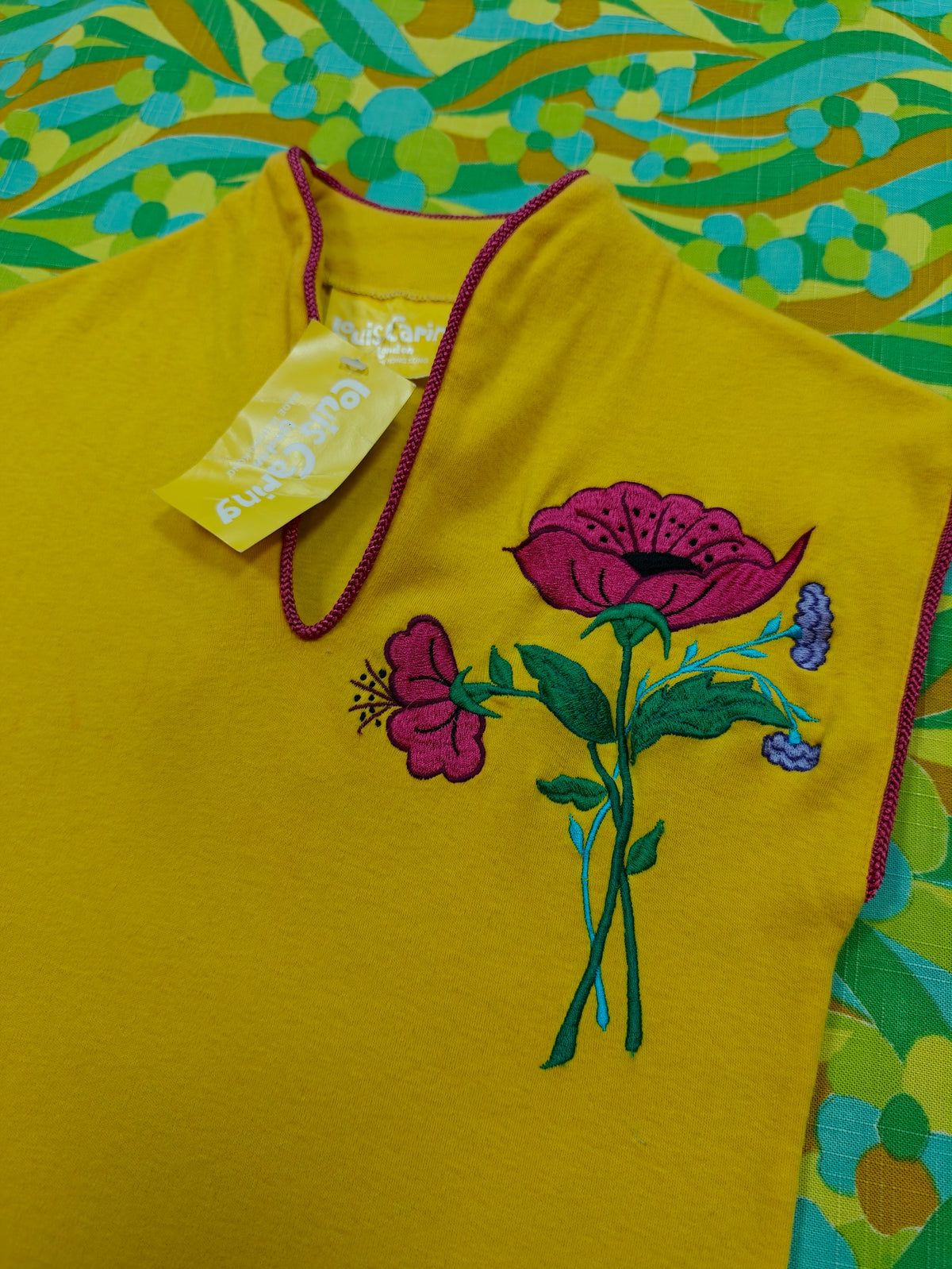 Deadstock 1970s Louis Caring yellow embroidered cotton top - XS/S