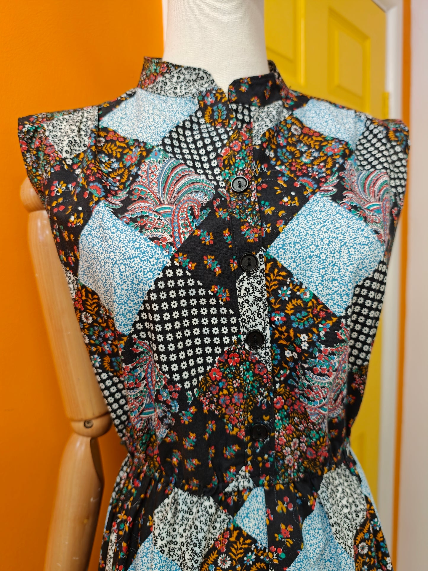 1970s patchwork print cotton dress - S/M
