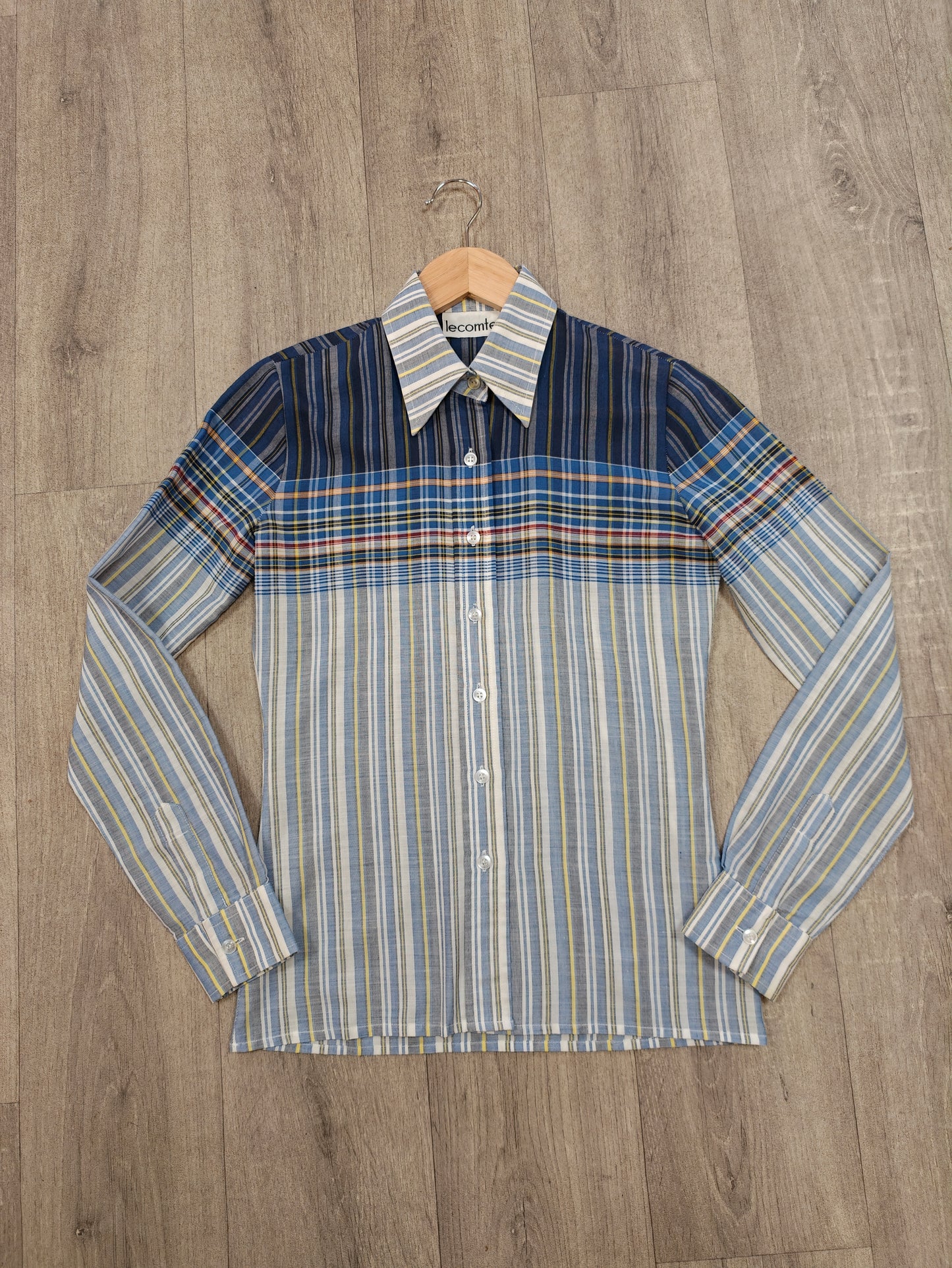 1970s Lecomte blue check dagger collar shirt - XS