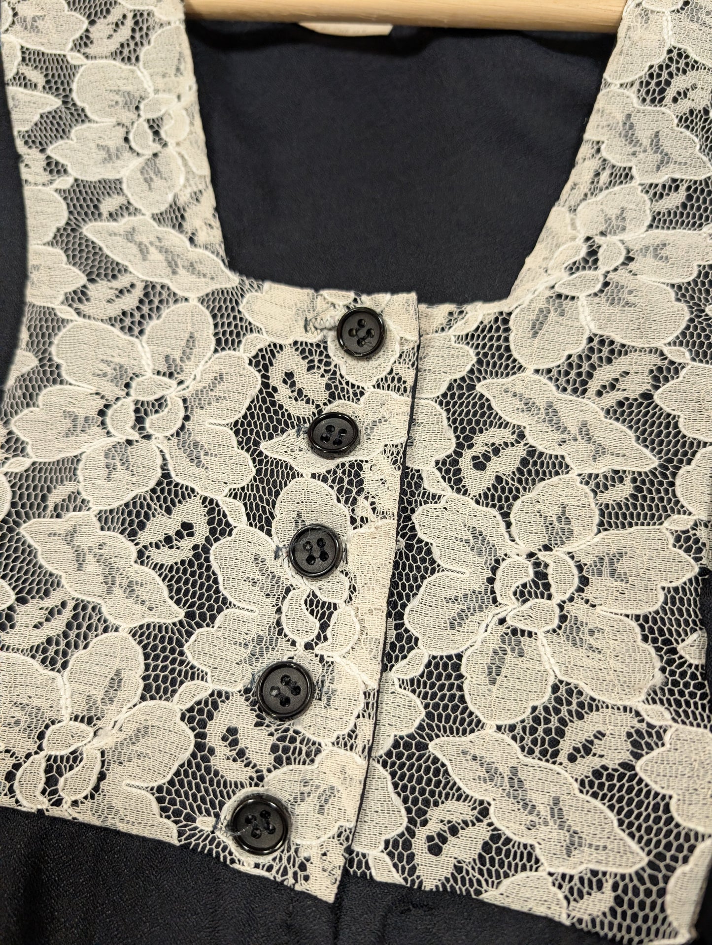 1970s C&A black blouse with white lace - S/8/10
