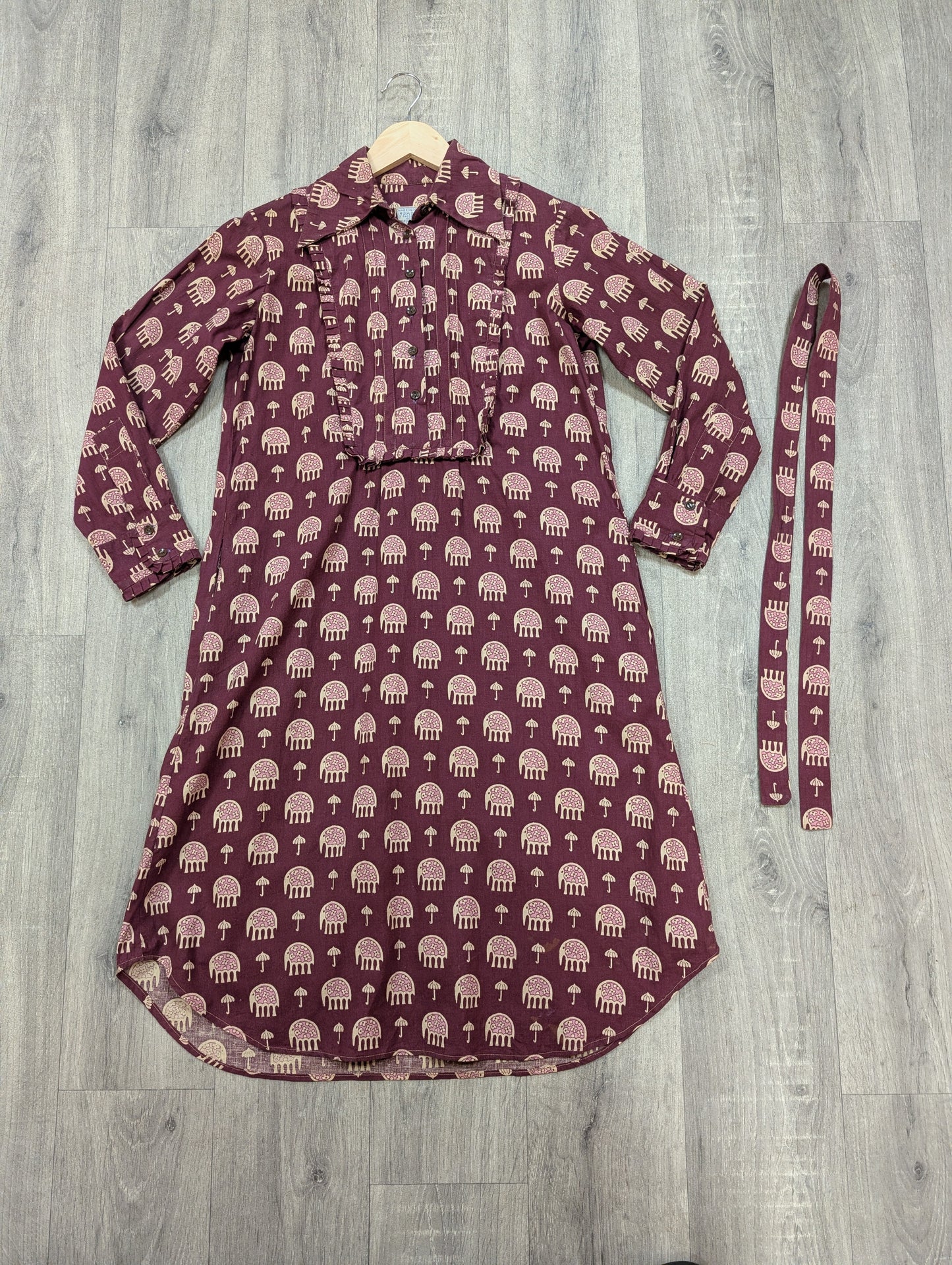 1970s India Imports elephant print cotton dress & belt - S/M