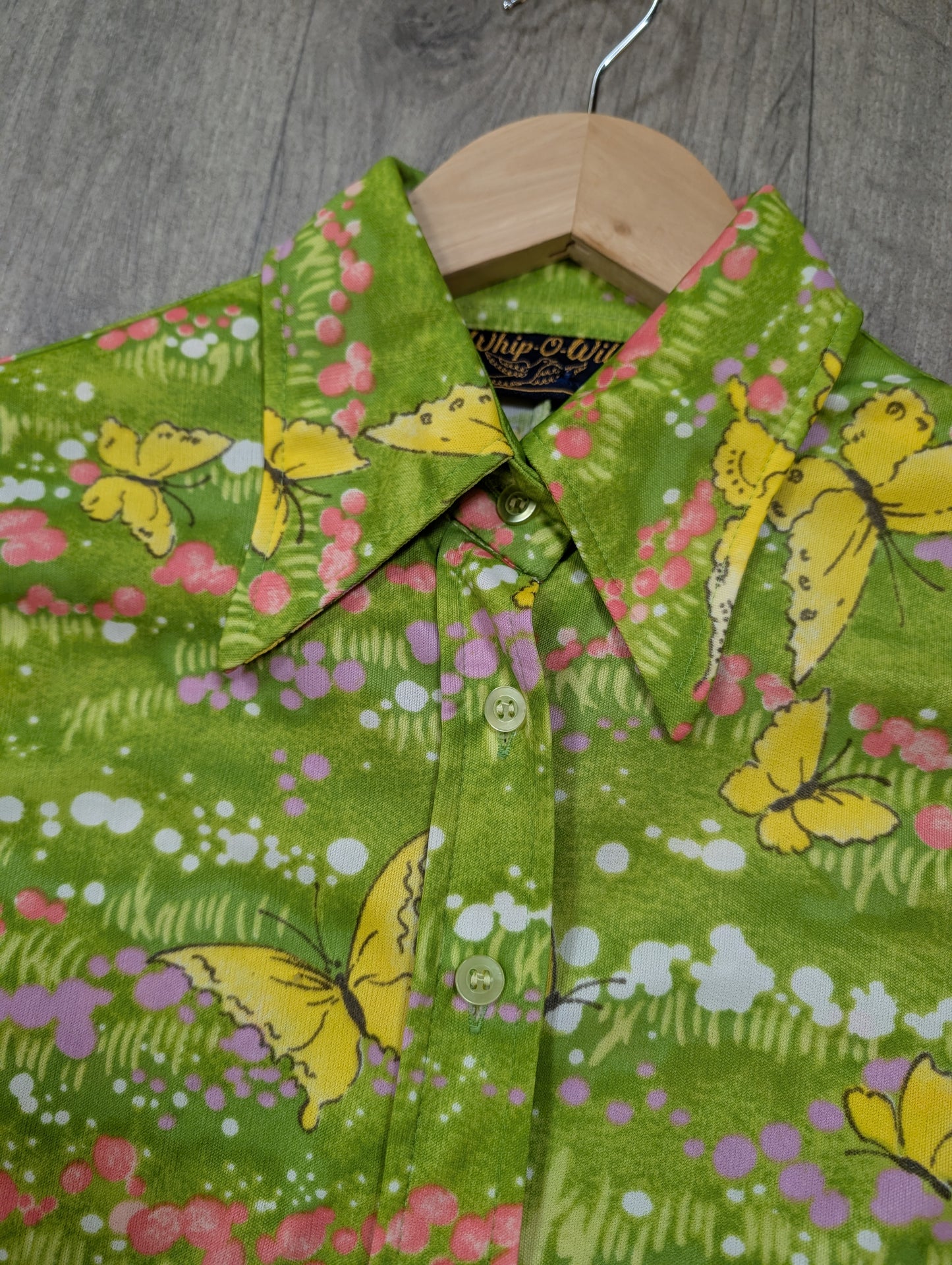 1970s Whip-O-Will green novelty butterfly print shirt - XS/S