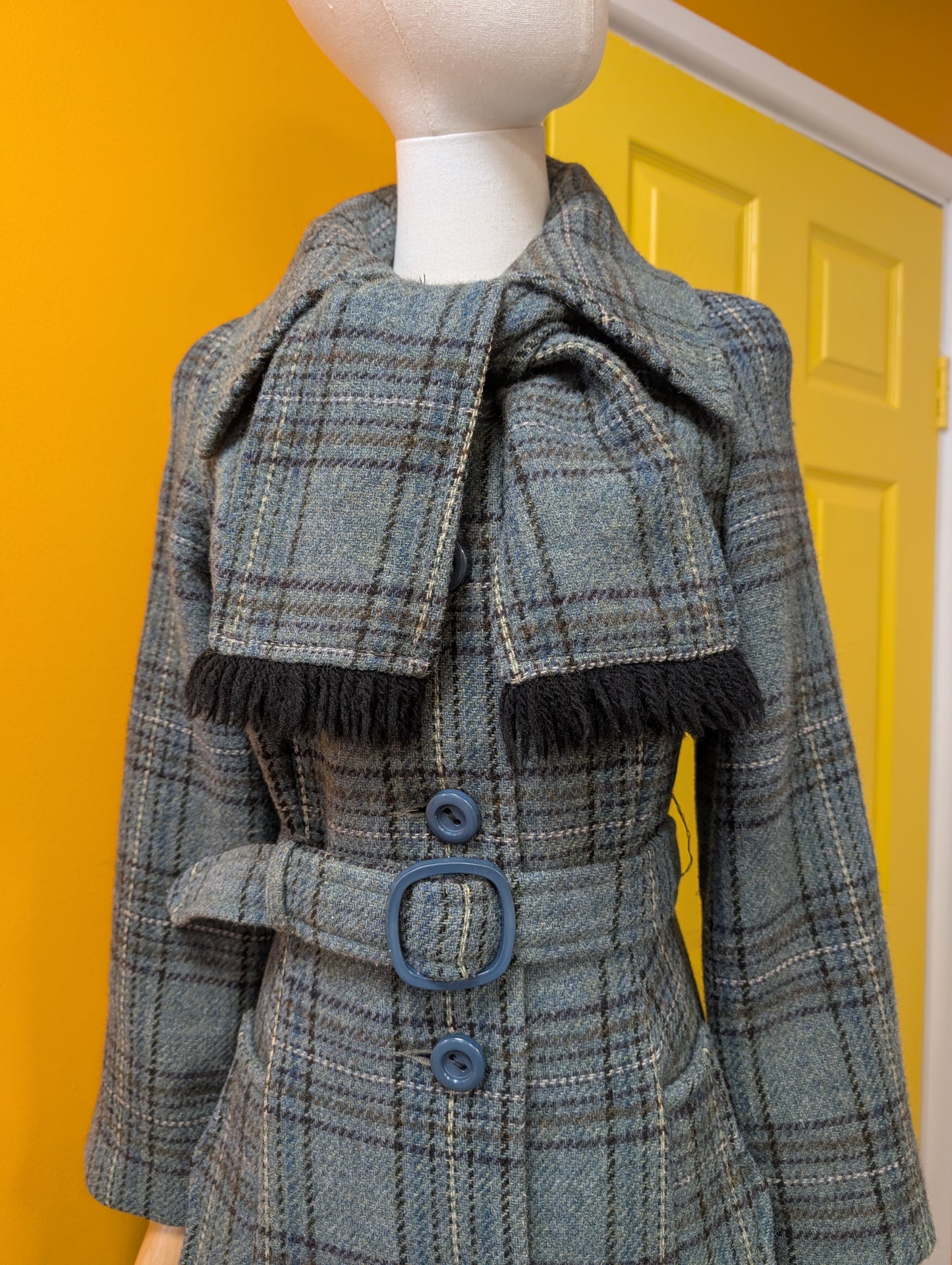 1970s wool blend coat, belt & scarf