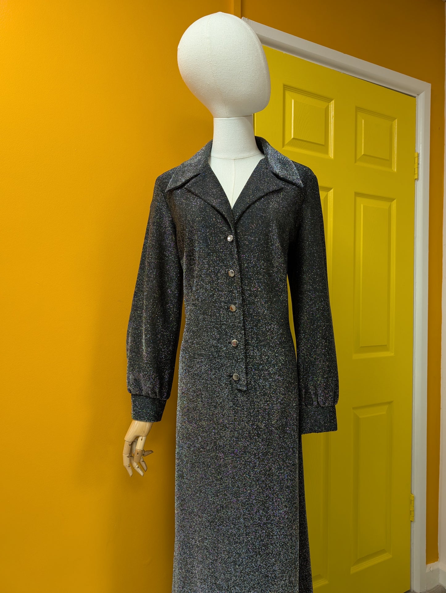 1970s Lady Extra by Kitty Copeland silver lurex maxi dress - L/16