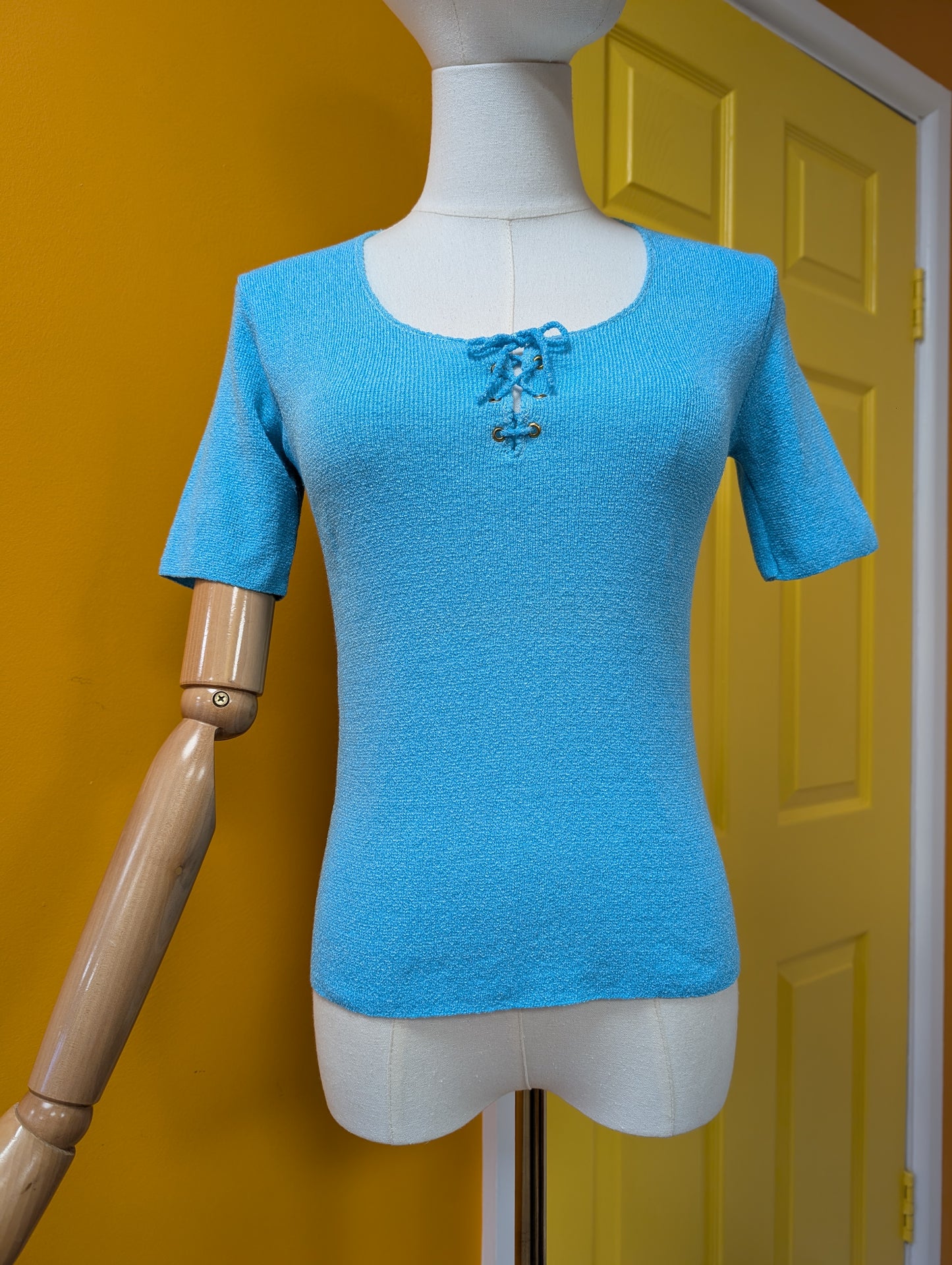 1970s Richard Shops blue lace up top - XS/S