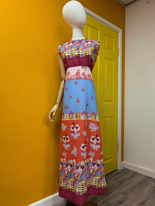 1970s novelty print maxi dress - M