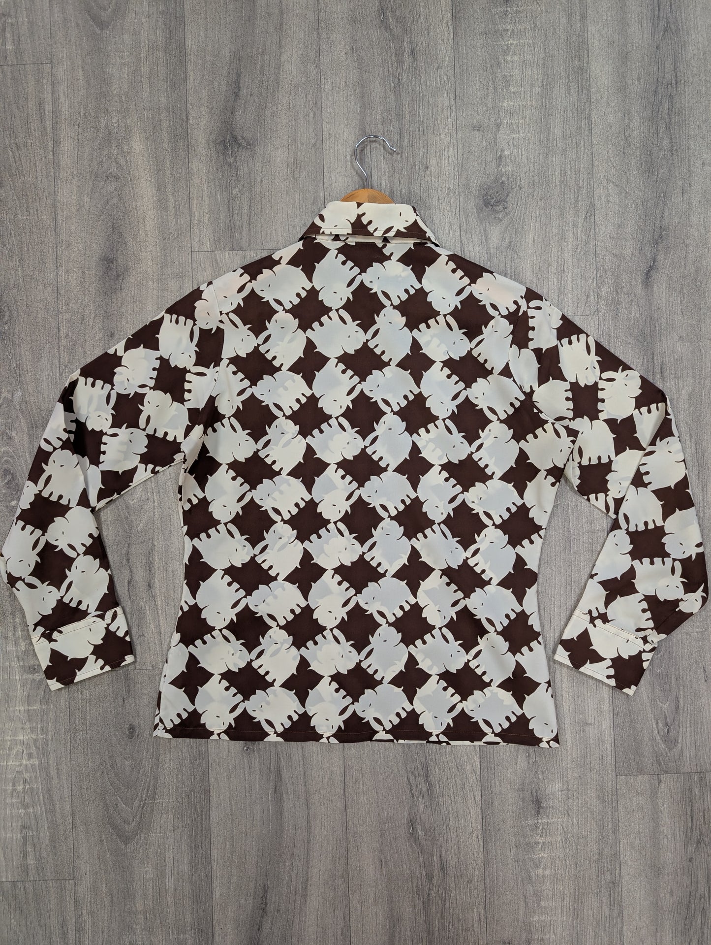 1970s novelty elephant print dagger collar shirt - M