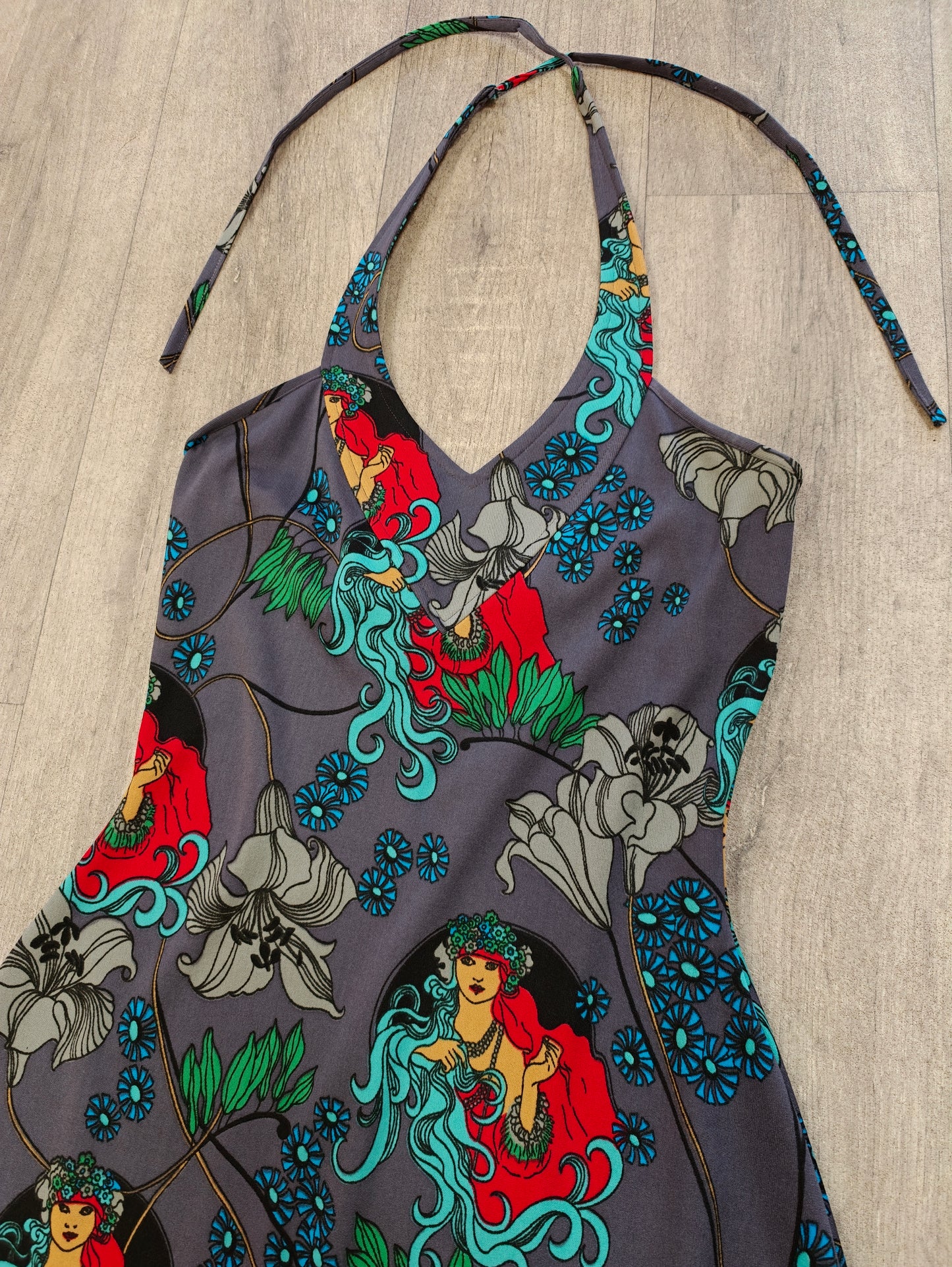 1970s Suku San novelty Art Nouveau print halter neck maxi dress & jacket - XS/S/6/8