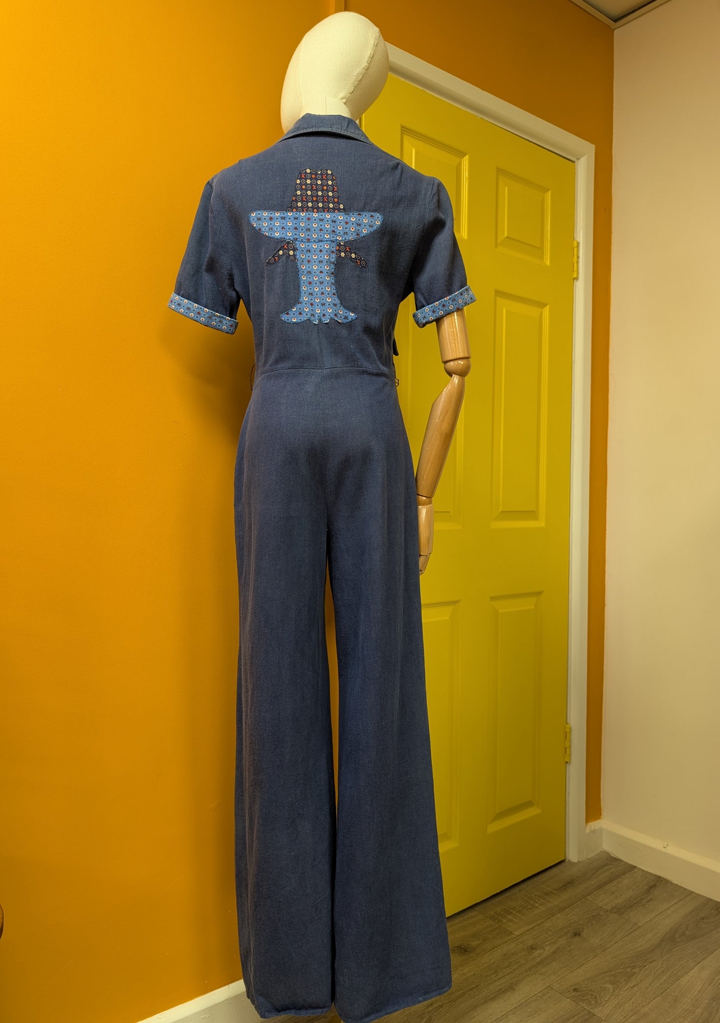 1970s Mexican denim jumpsuit with applique - S/M/10/12