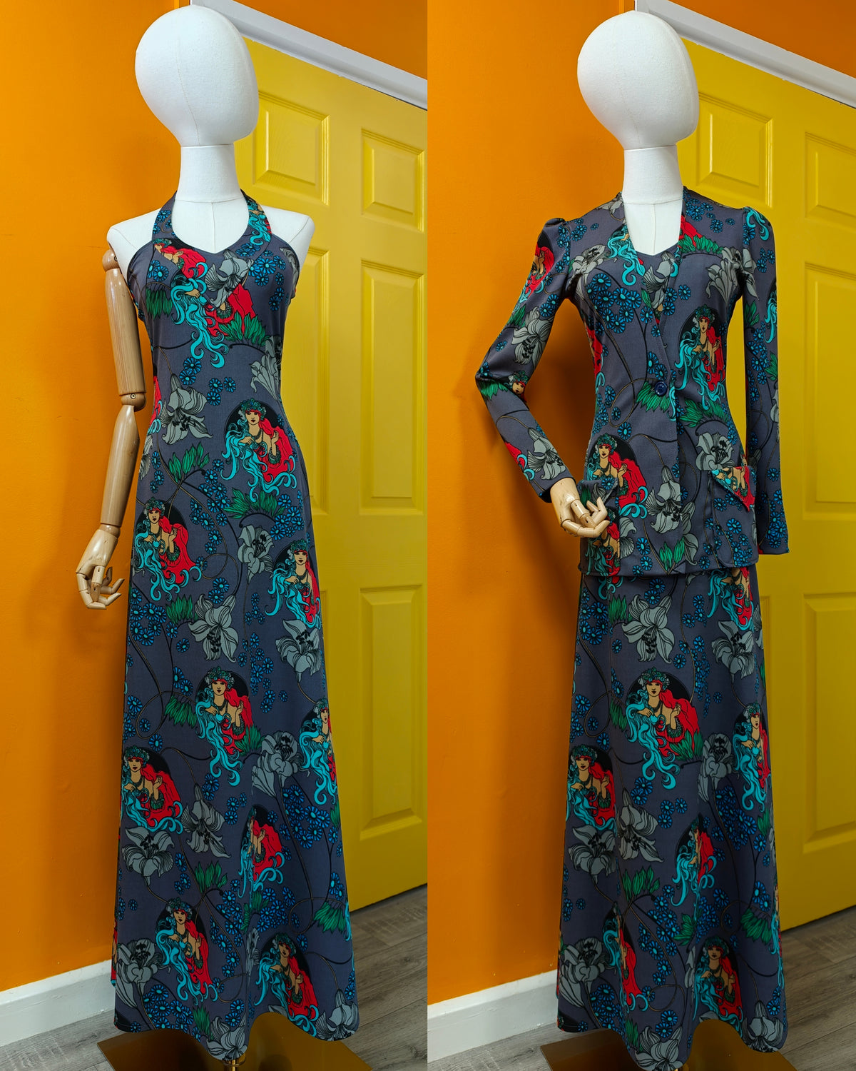 1970s Suku San novelty Art Nouveau print halter neck maxi dress & jacket - XS/S/6/8