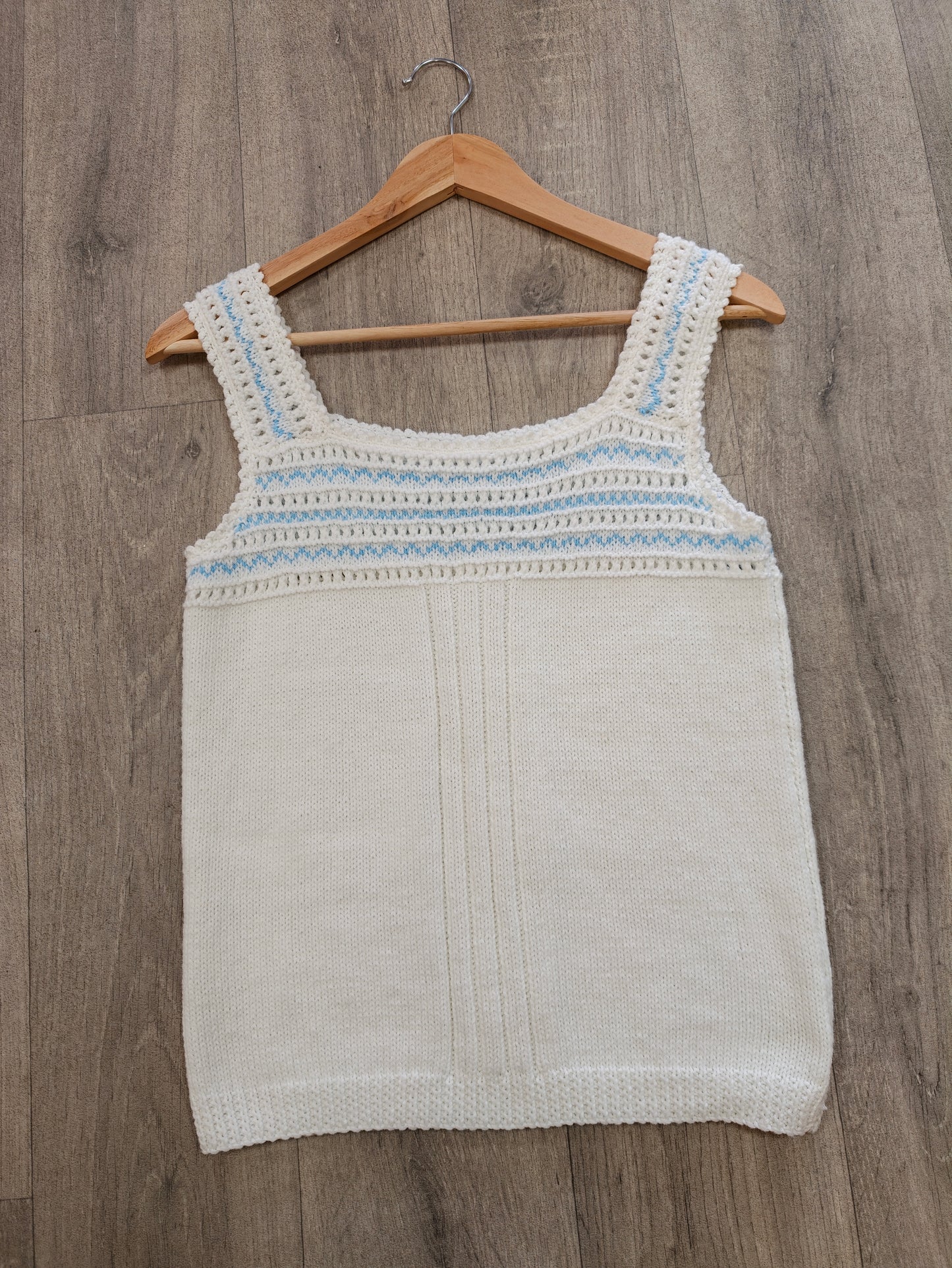 Hand knitted blue & white vest - S