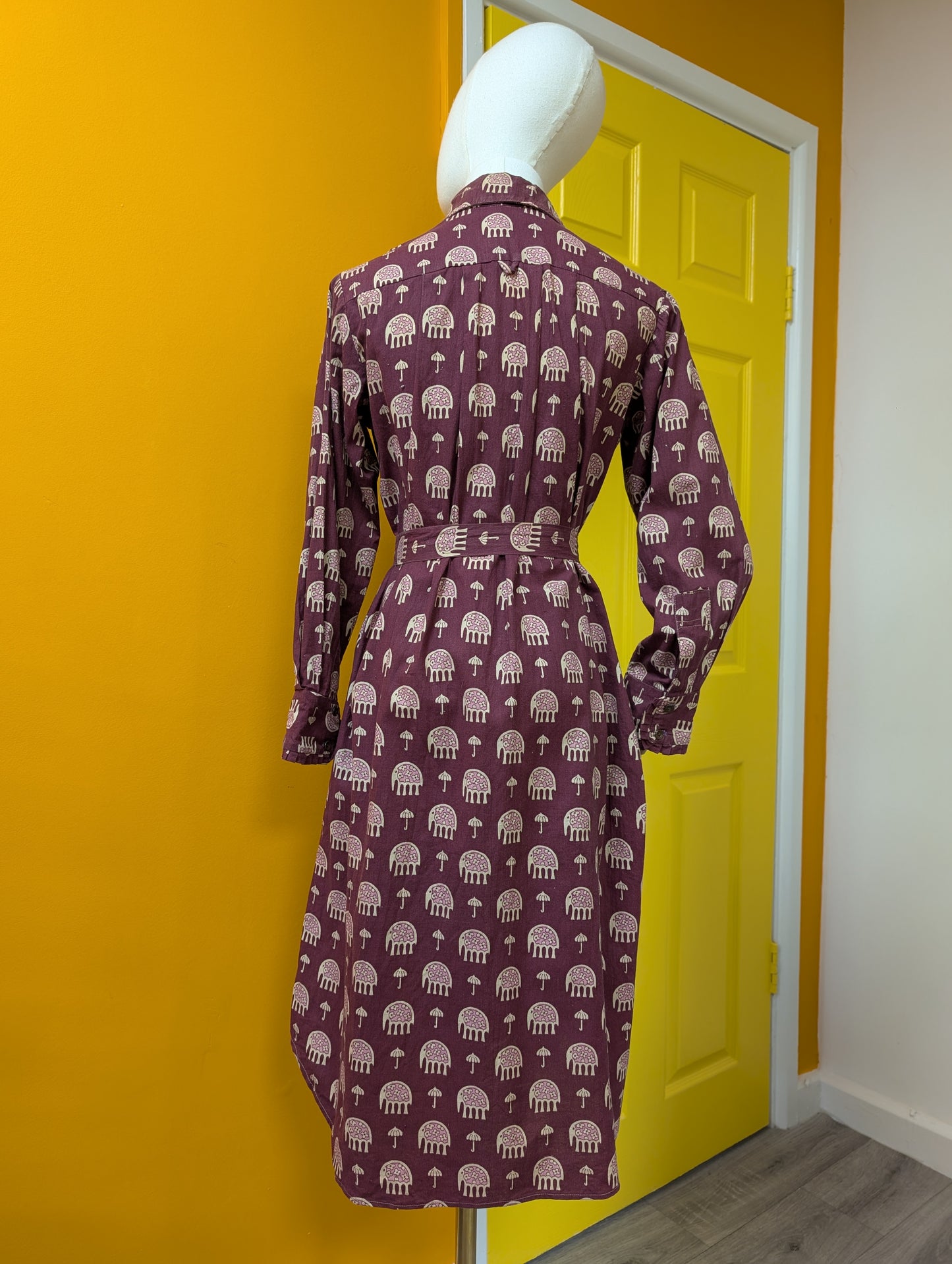 1970s India Imports elephant print cotton dress & belt - S/M