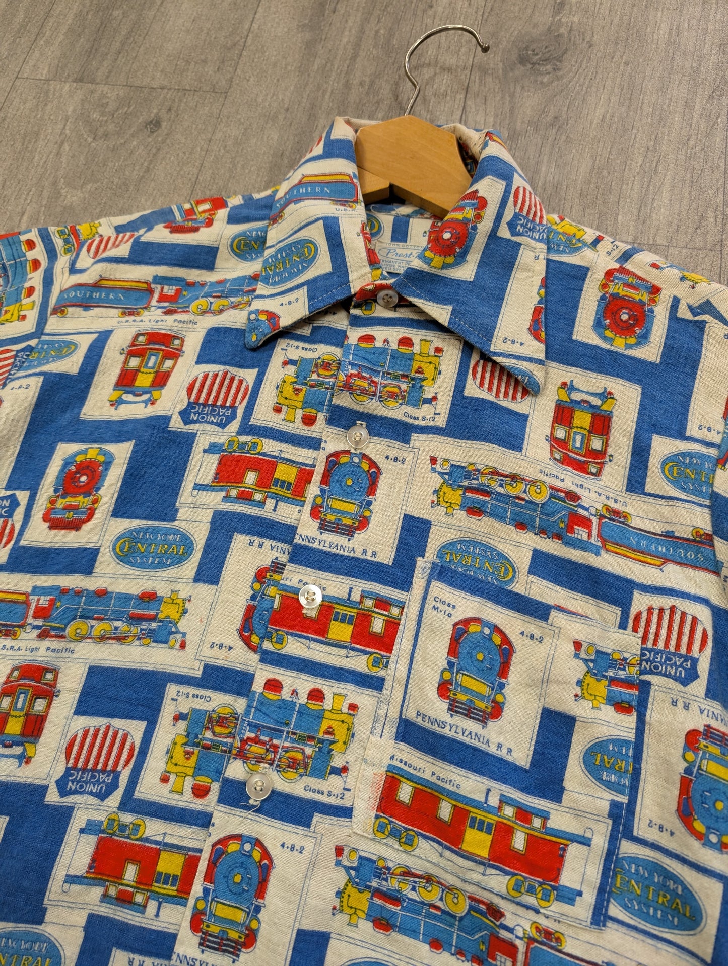 1960s Prest-Rite novelty train print cotton flannel shirt