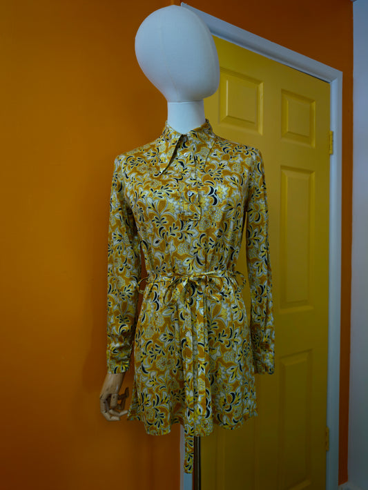 1970s belted dagger collar shirt - M