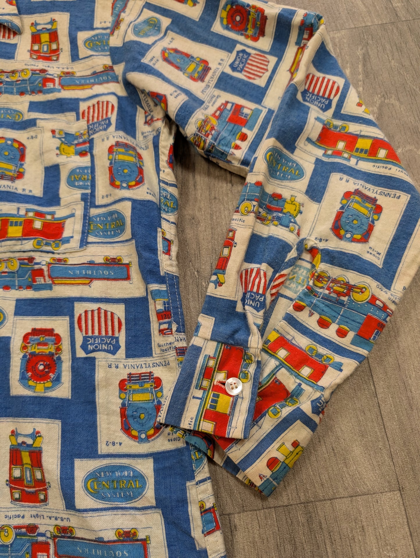 1960s Prest-Rite novelty train print cotton flannel shirt