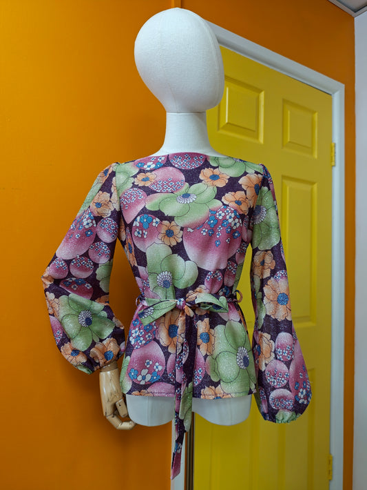 1970s floral lurex top with belt - S