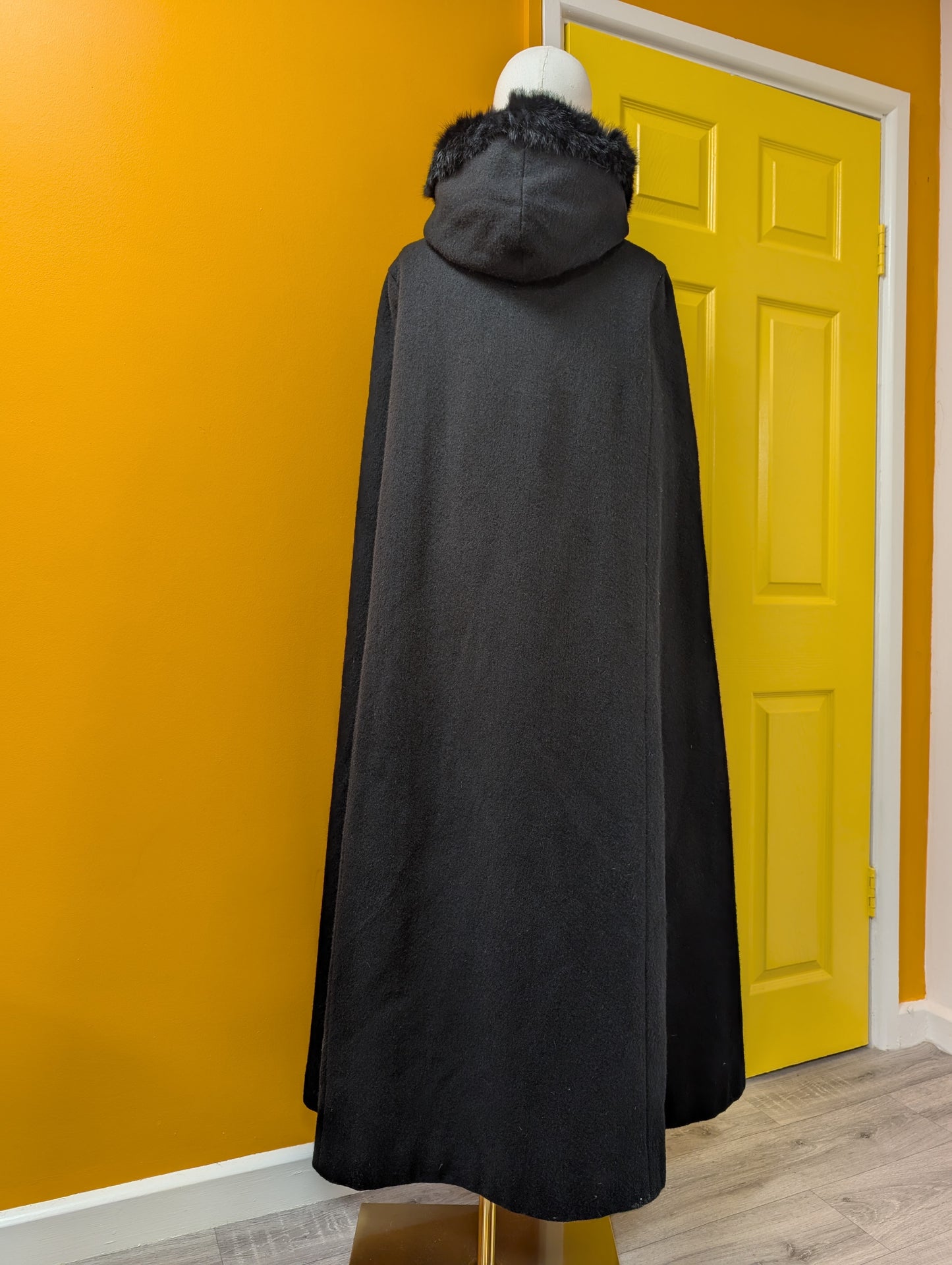 1960s Raymond of London black wool cape with fur trim