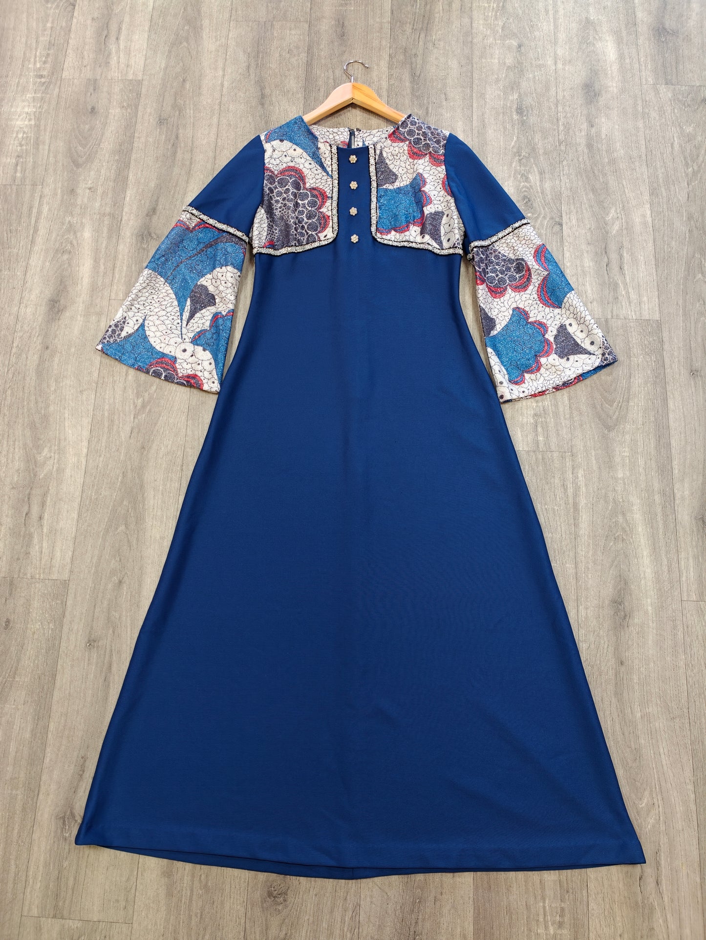 60s/70s blue & silver lurex maxi dress - M/12