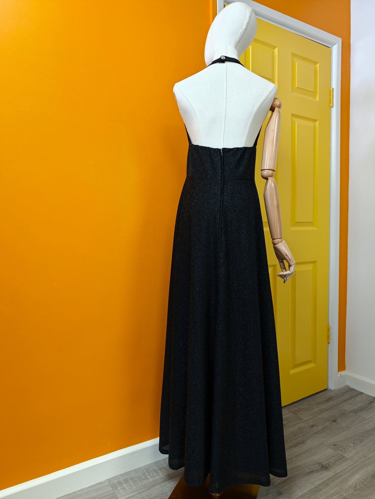 1970s Puszta black & silver lurex halter neck maxi dress with cut out - 10/12