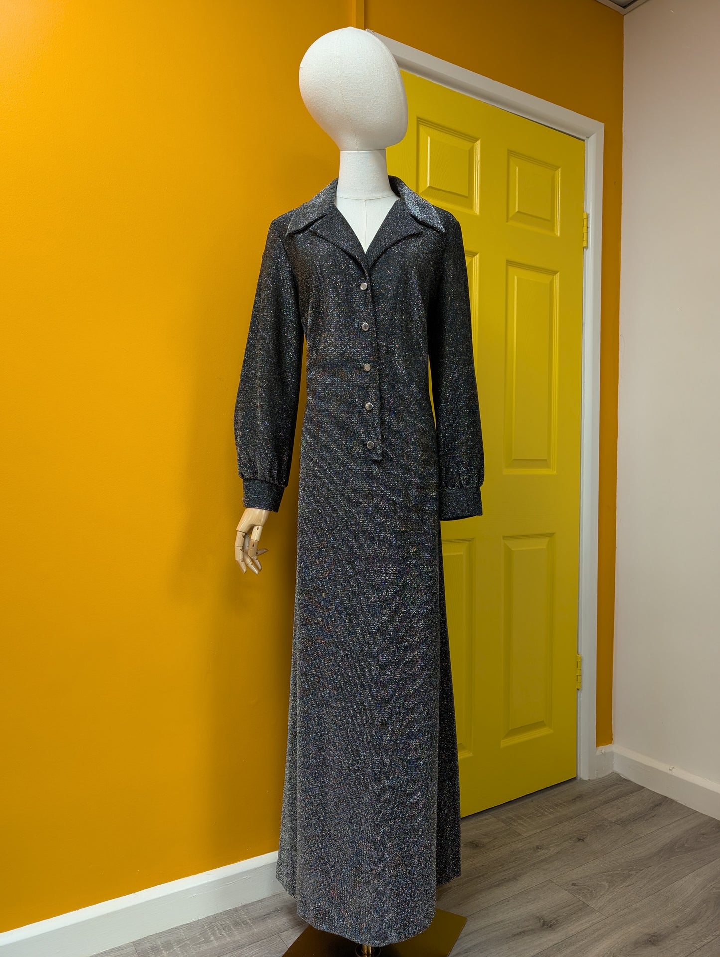 1970s Lady Extra by Kitty Copeland silver lurex maxi dress - L/16