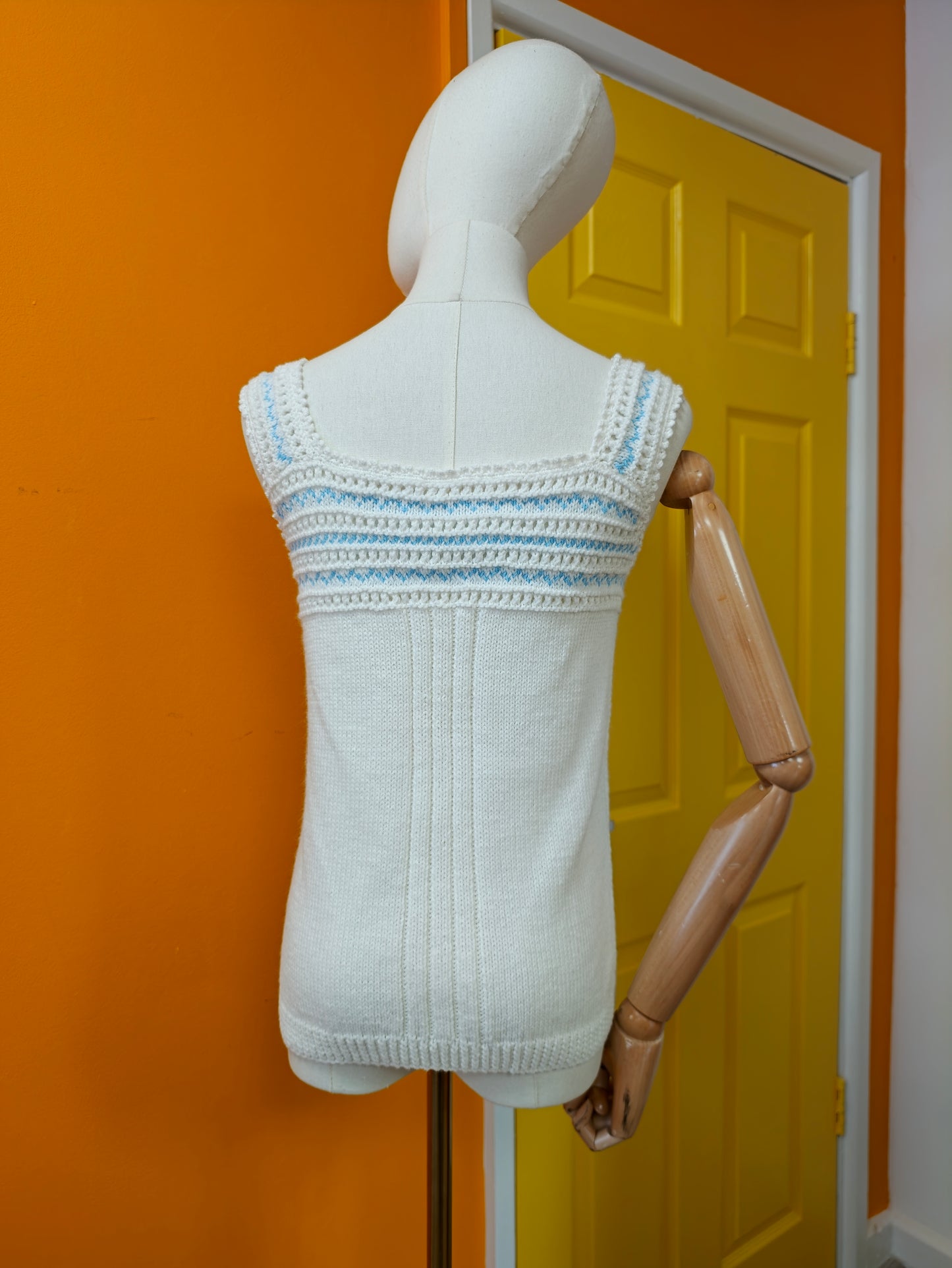 Hand knitted blue & white vest - S