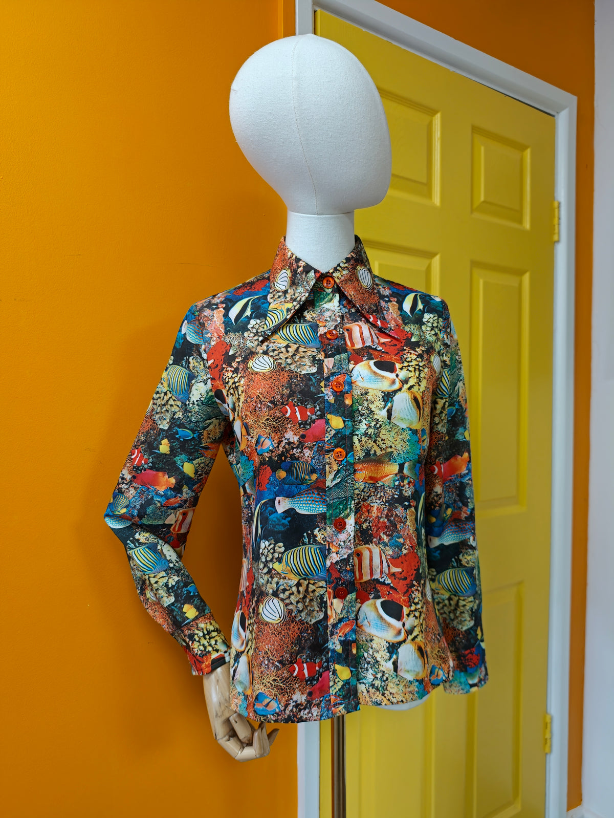 1970s novelty fish print dagger collar shirt - M