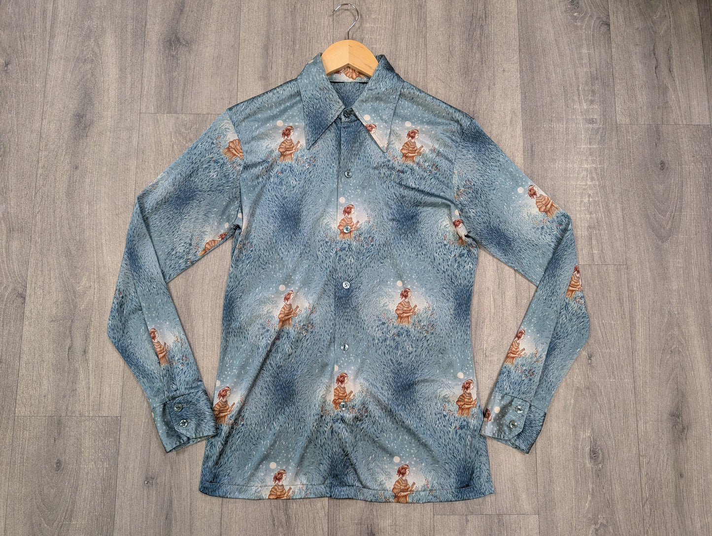 1970s novelty print dagger collar shirt