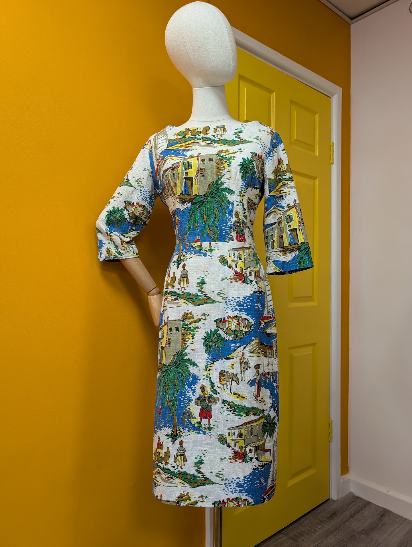 50s/60s Selincourt novelty print barkcloth dress - S/10