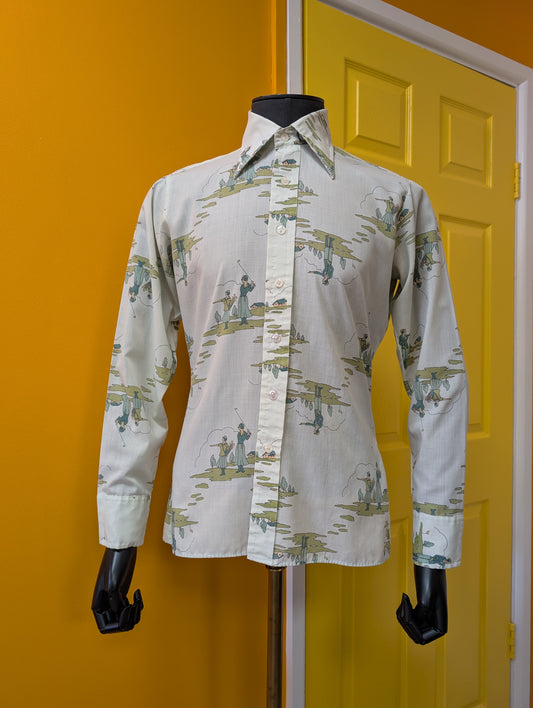 1970s Brutus novelty Art Deco golf print dagger collar shirt