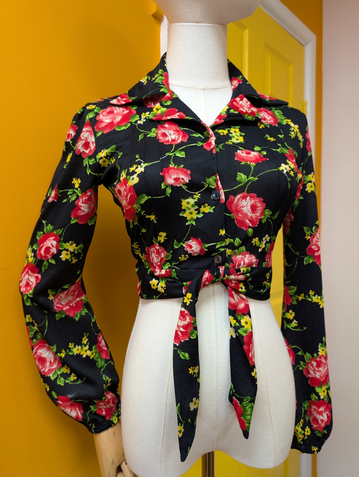 1970s floral tie waist shirt - XS/6