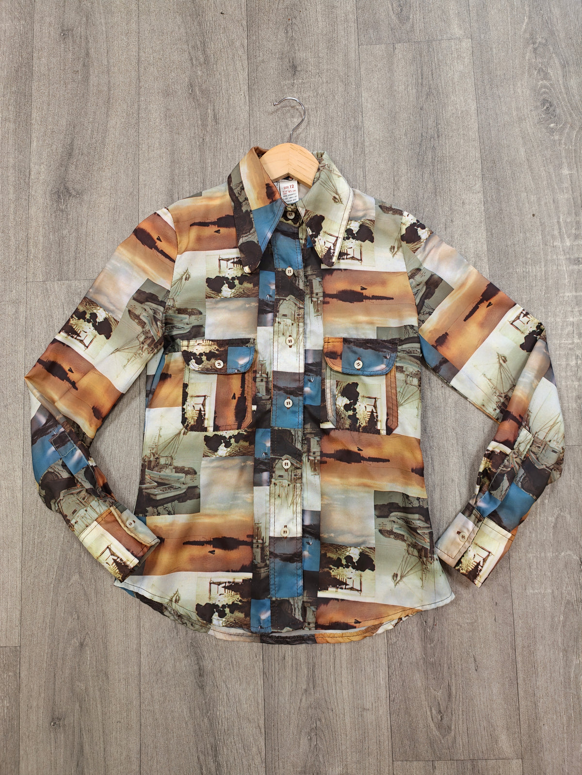 1970s photo print dagger collar shirt - XS