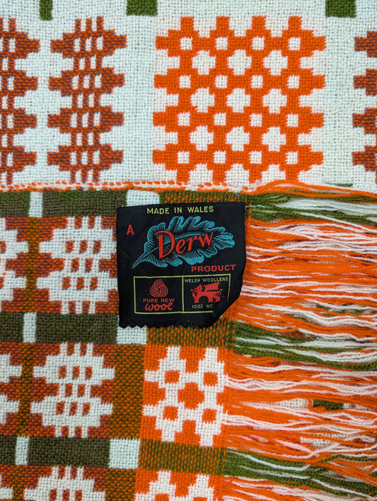 Gorgeous Derw Welsh tapestry wool fringed orange blanket