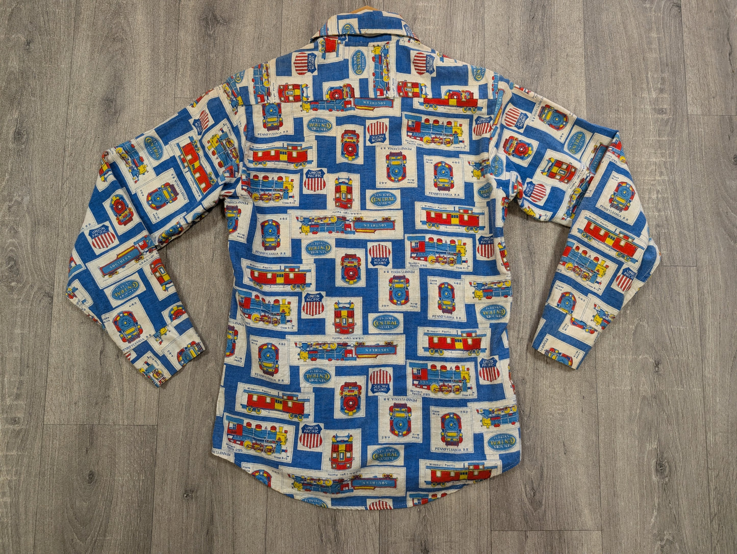 1960s Prest-Rite novelty train print cotton flannel shirt