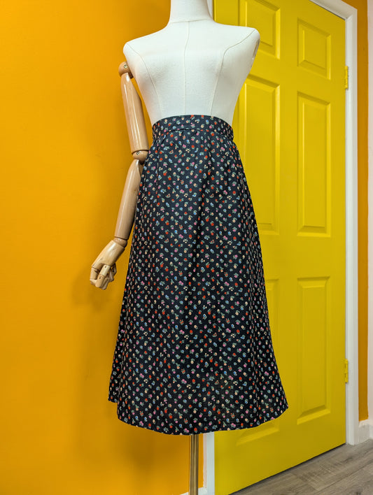 1970s Czarina black floral cotton skirt - S/M