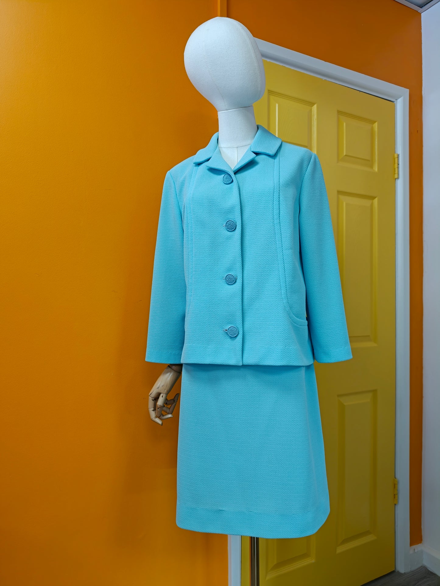 1960s blue crimplene skirt suit - M/14
