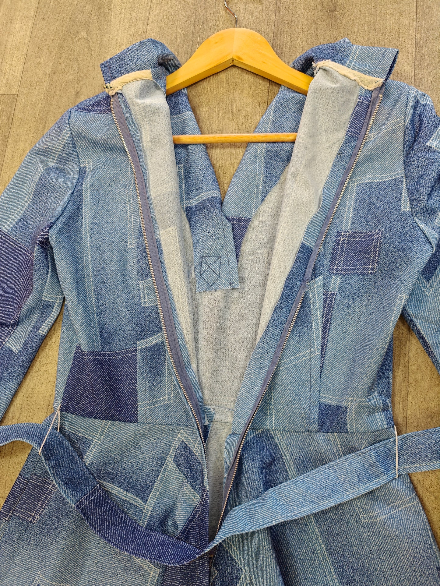 1970s blue patchwork print dress & belt - M/12