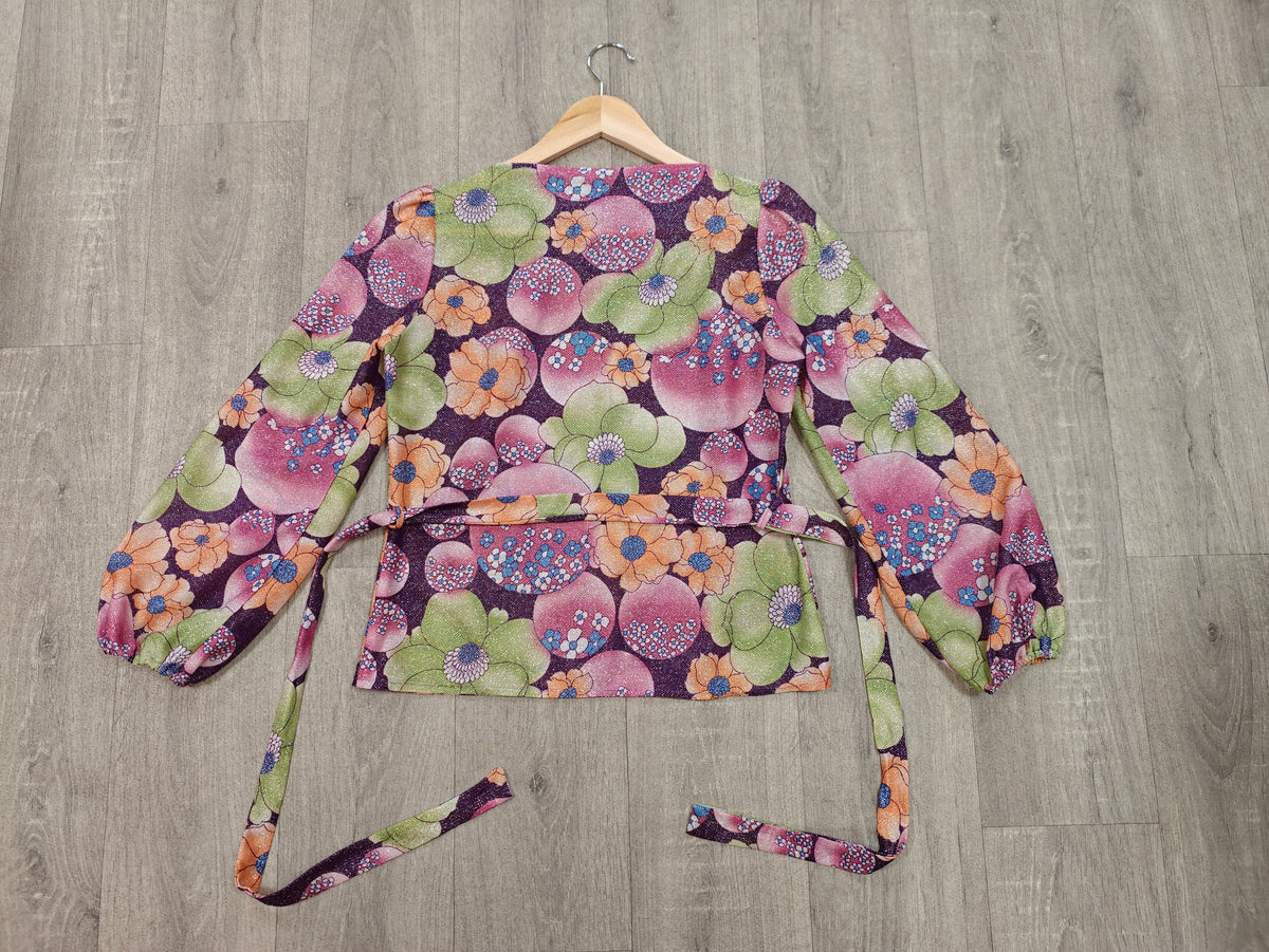 1970s floral lurex top with belt - S