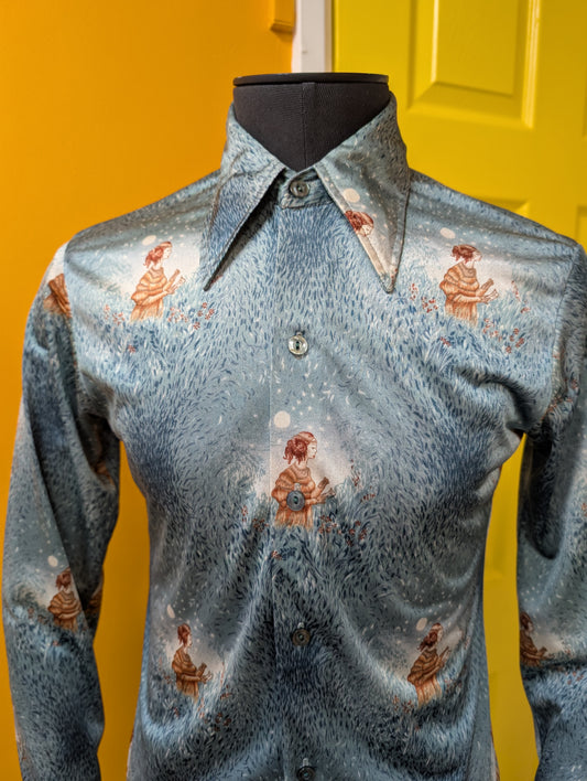 1970s novelty print dagger collar shirt
