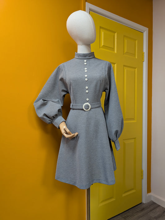 60s/70s grey dress & belt - S/8/10