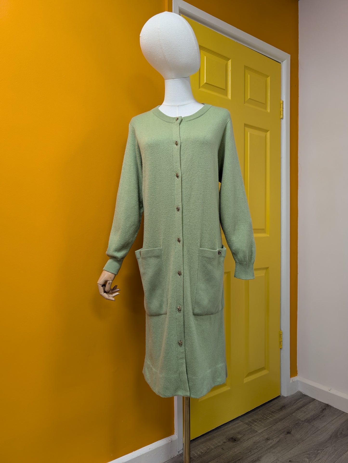 Gorgeous 1960s Bonnie Cashin Ballantyne cashmere long green cardigan
