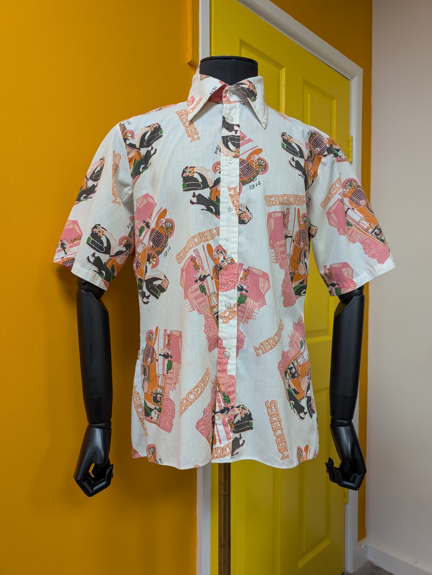 1970s Art Deco Mercedes novelty print shirt