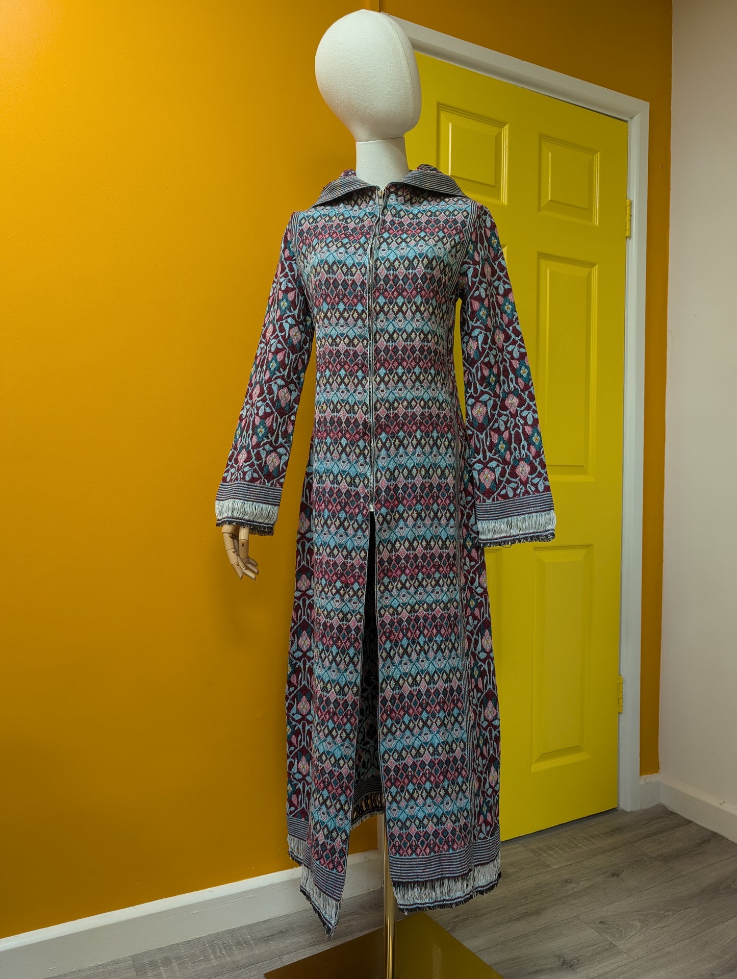 60s/70s cotton tapestry hooded maxi coat - XS