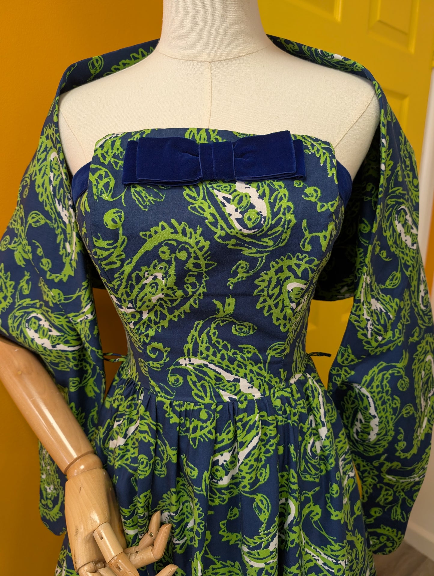 1950s Peter Robinson paisley strapless dress & shawl - XS/6