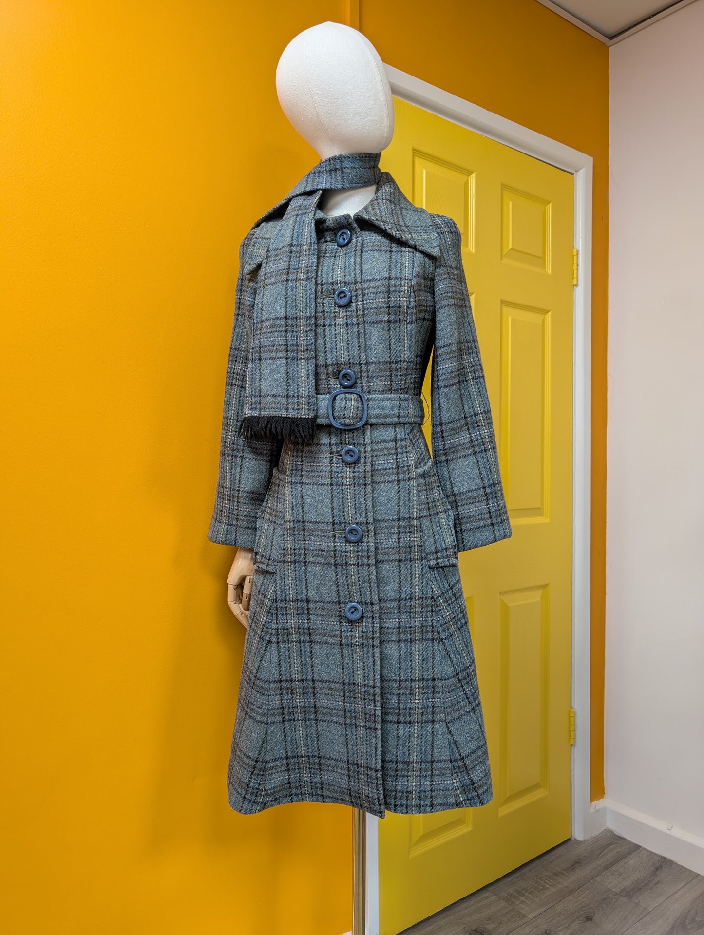 1970s wool blend coat, belt & scarf