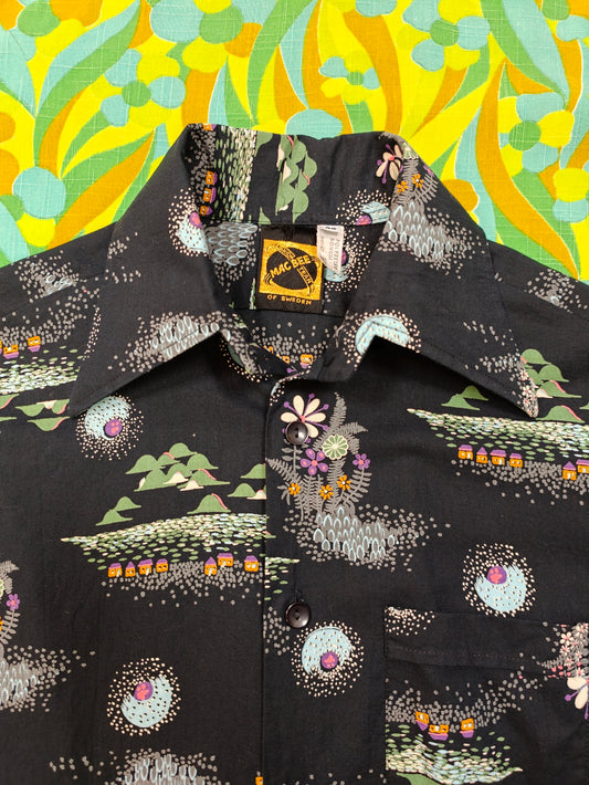 1970s Mac Bee of Sweden novelty print dagger collar shirt