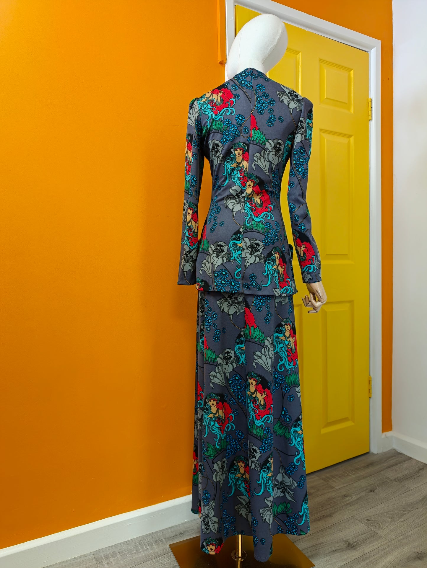 1970s Suku San novelty Art Nouveau print halter neck maxi dress & jacket - XS/S/6/8